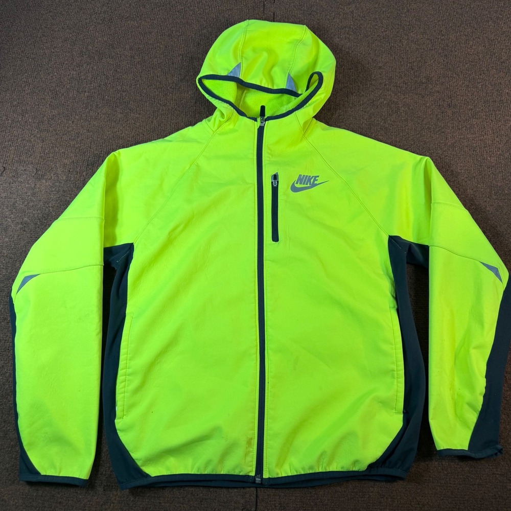 runners Nike Mens XL Neon Lime Green Grey Full Zip Hooded Fleece Lined Jacket A+